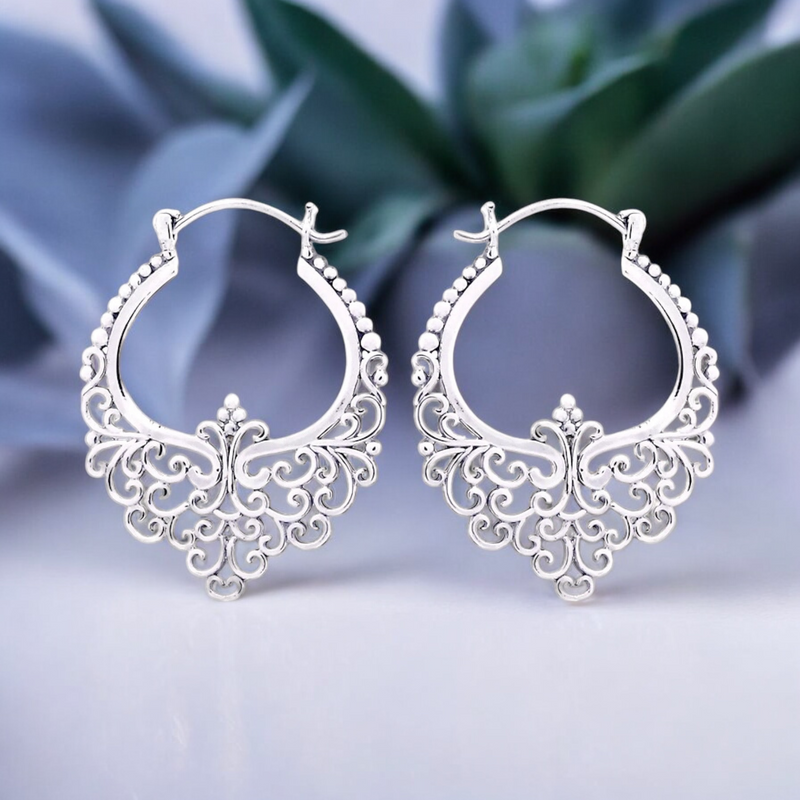 Bon Karma Silver Dentelle Creolen - Boucles d'oreilles de style bohème 925 Sterling Ear925-11