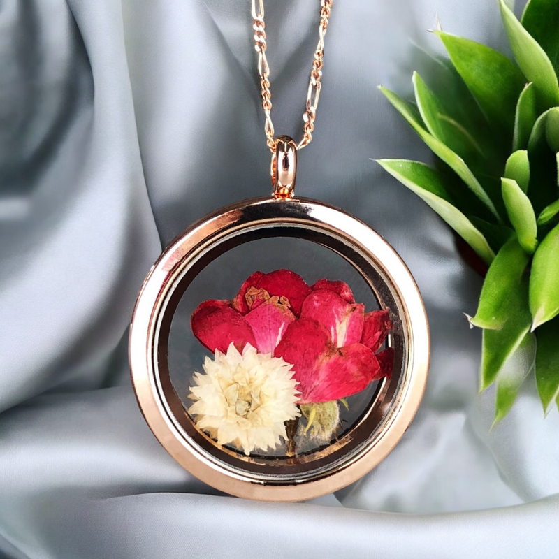 Rose véritable et chrysanthème 925 Sterling Rosegold Gilded Medaillon Chaîne - K925-127