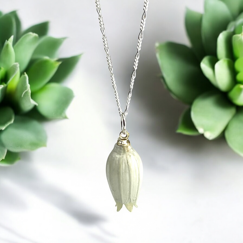 925 Sterling Silber Kette mit echter Maiglöckchen-Blüte – Zeitloser Schmuck für Allergiker, 50 cm Kette, 2,5 cm Anhänger