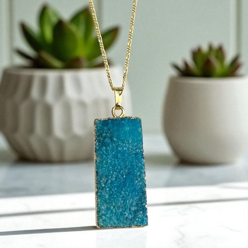 „Aqua Mystica“ Achat Druse Anhänger Kette, 925 Sterling Silber 18K vergoldet, 4x2 cm, 70 cm, hypoallergen & für Allergiker geeignet