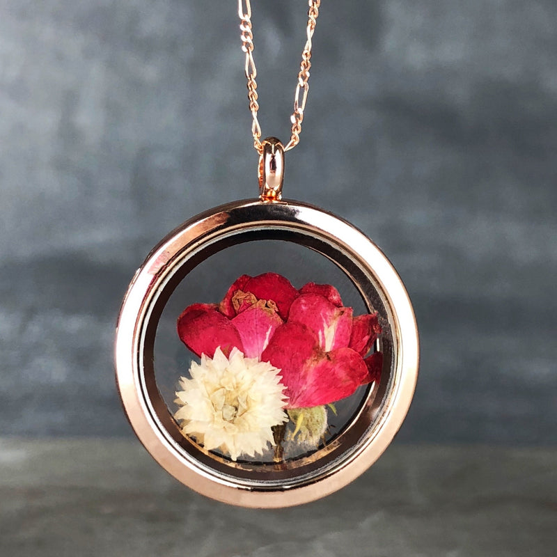 Rose véritable et chrysanthème 925 Sterling Rosegold Gilded Medaillon Chaîne - K925-127