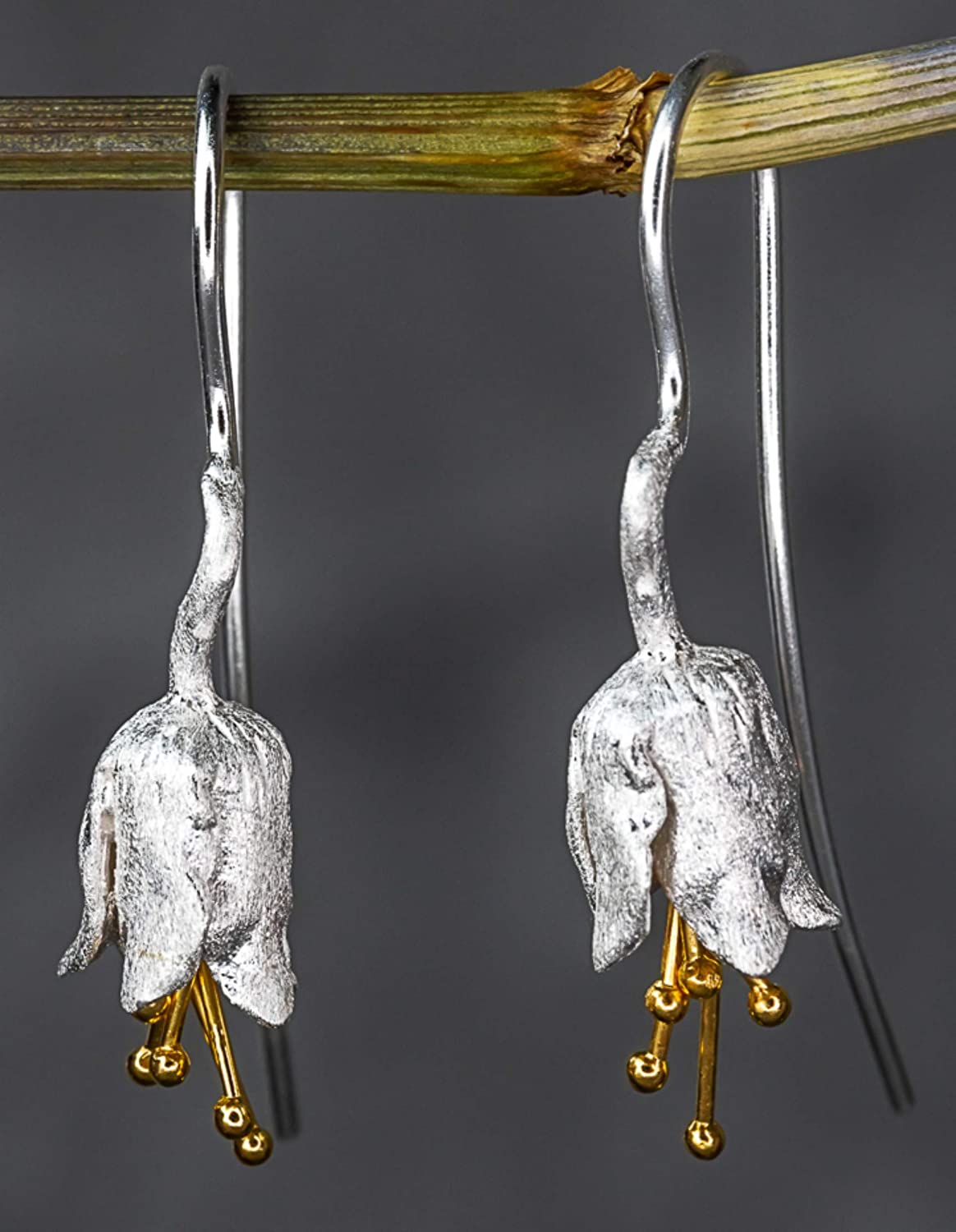Glockenblumen Detailreiche Ohrringe - 925 Sterling Sterling Vergoldet - Staubblätter Matt -  OHR925-86