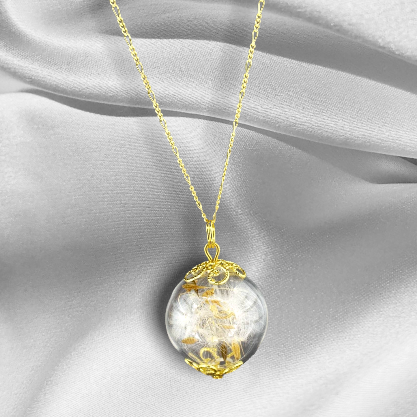Pendentif en verre Pusblumen - Chaîne de graines de pissenlits dorés en or sterling 925 K925-62