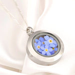 Médaillon de fleurs Oublie - Médaillon de verre avec des fleurs authentiques Collier en argent sterling 925 - K925-134