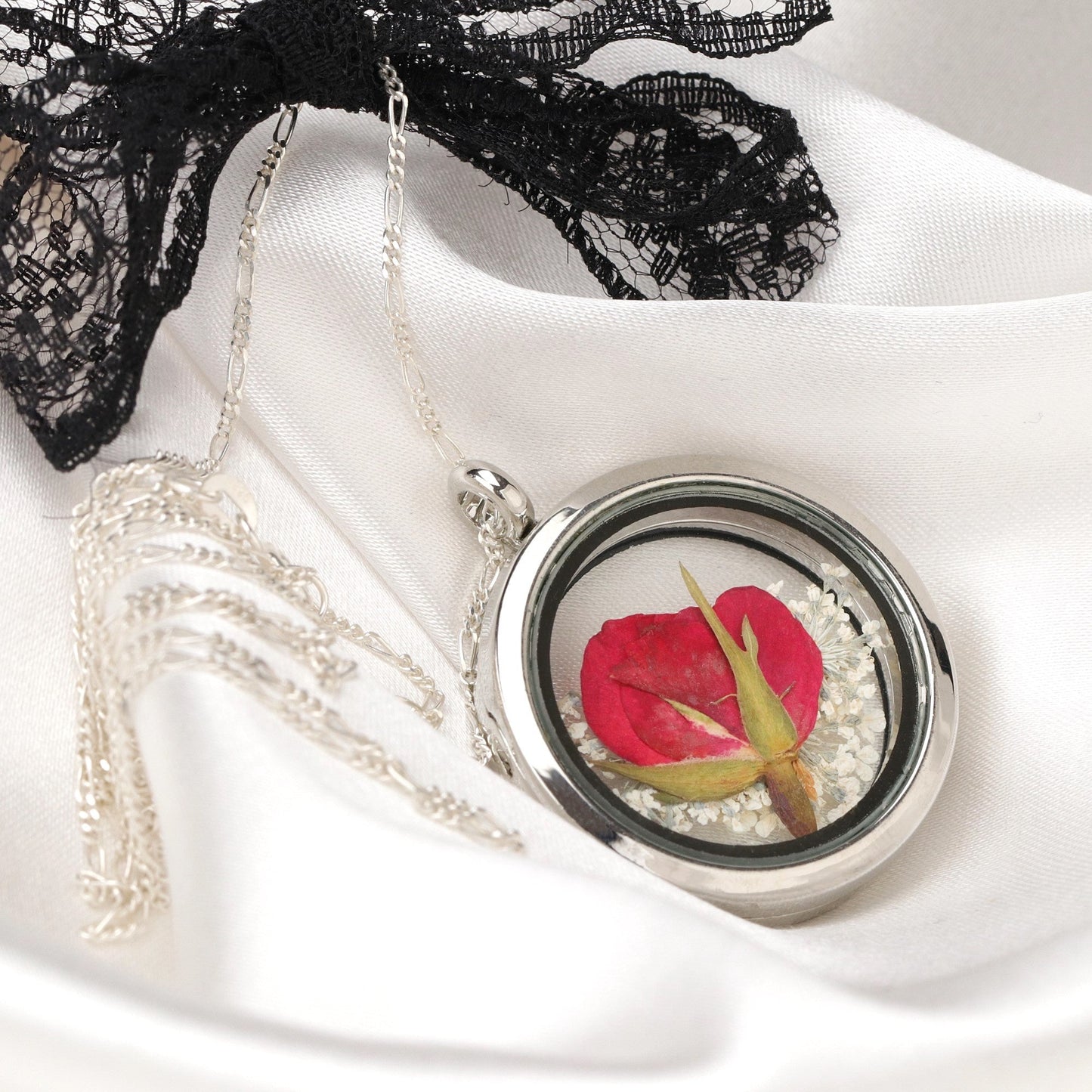 Chaîne en argent sterling 925 avec médaillon "VRAI Rose & Dill fleurs"