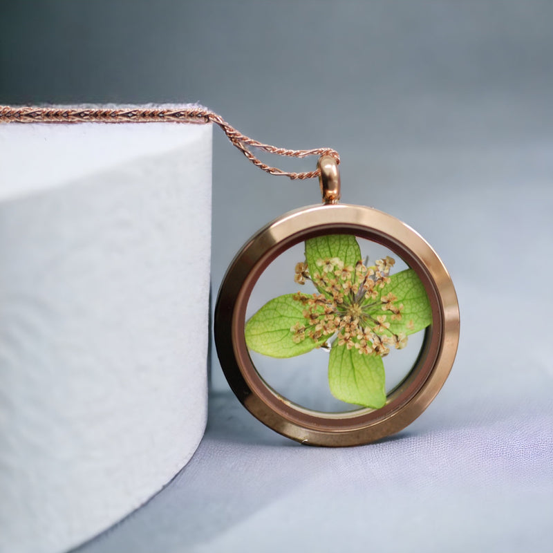 Chaîne de médaillon de feuilles de feuilles de fleurs d'aneth - Collier en plaqué or sterling de Rosegold 925 - K925-66