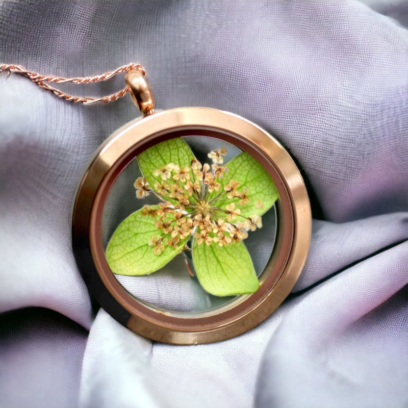 Chaîne de médaillon de feuilles de feuilles de fleurs d'aneth - Collier en plaqué or sterling de Rosegold 925 - K925-66