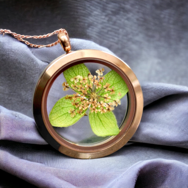 Chaîne de médaillon de feuilles de feuilles de fleurs d'aneth - Collier en plaqué or sterling de Rosegold 925 - K925-66