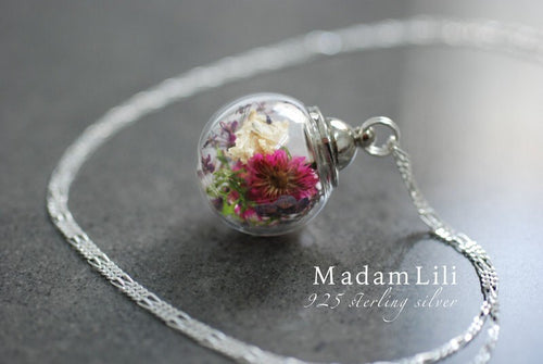 Pendentif de boule de verre florale avec vraie fleur - 925 collier de fleurs sauvages en argent sterling - k925 - 78