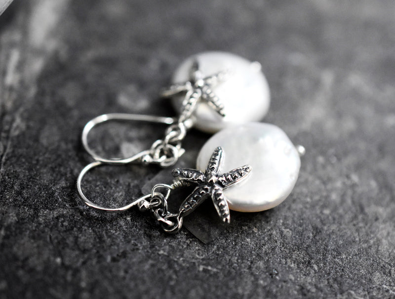 Boucles d'oreilles en nacre de mer étoile de mer - Petite Silver Bijoux minimalistes de luxe blanc - boucles d'oreilles féminines - EAR925-56