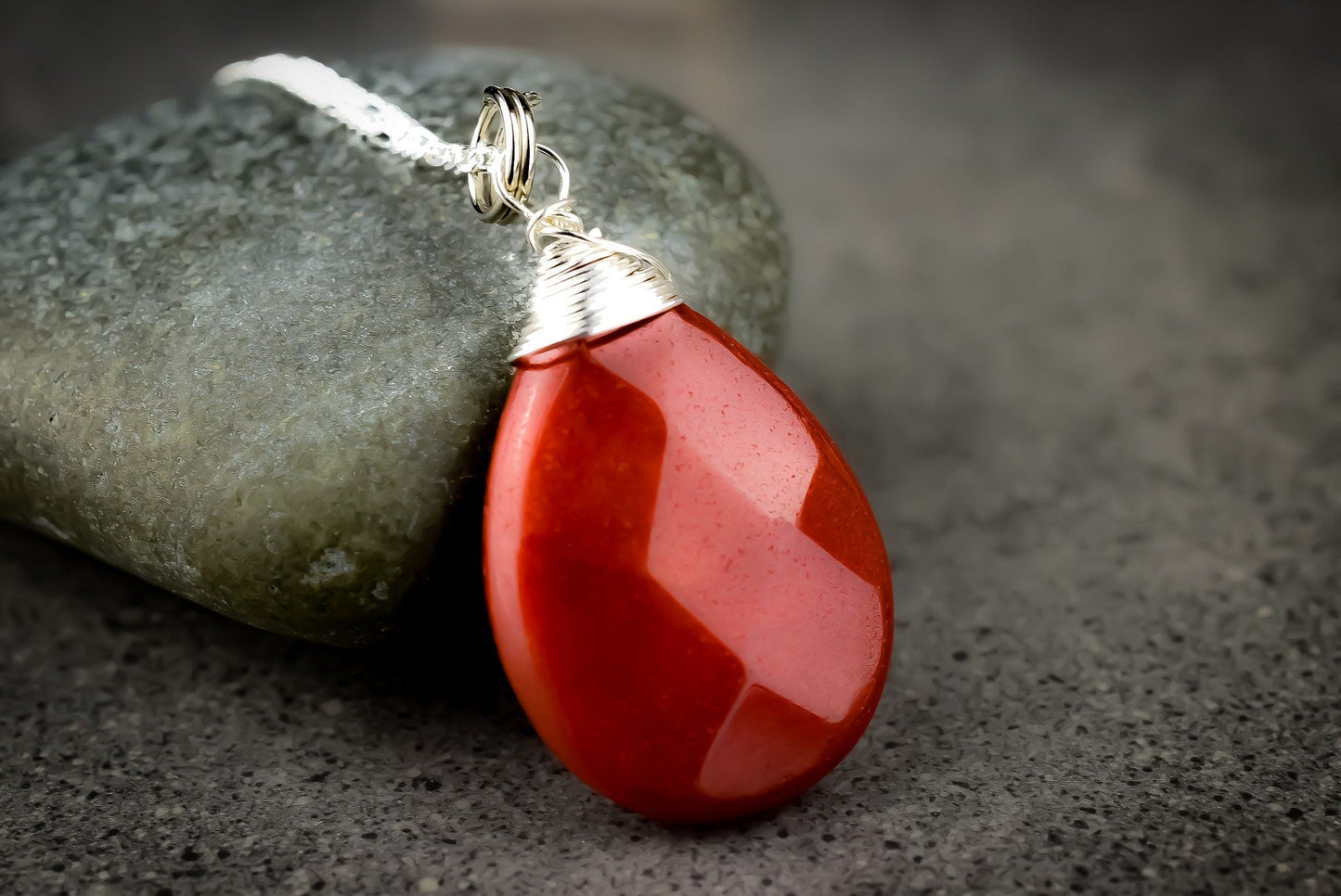 Jade Drop Silver Chain - Collier de joyau rouge en cristal de grenades Sterling 925 - K925-42