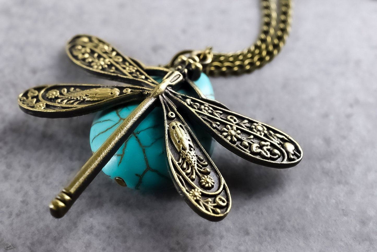 Turquoise Drop Dragonflies Pendentif Chaîne - Collier de gemme bleu bronze - Vik-124