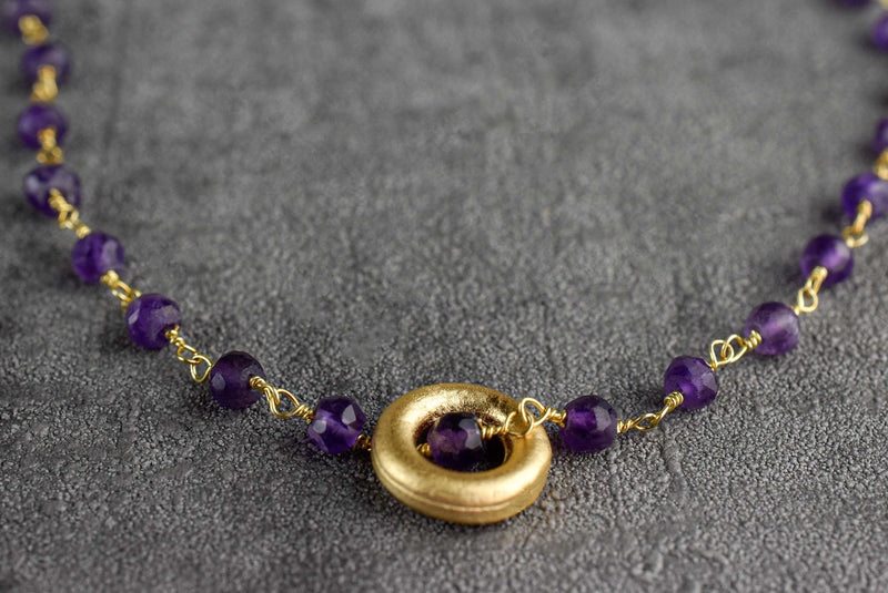 Amethyst Gold Circle-Vergoldeter Lila Violette cristal Edelstein Halskette-VIK-01