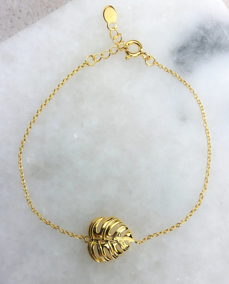 Monstera Feuille Gold Armband-925 Sterling Gold Vergodor Naturschmuck-ARM925-46