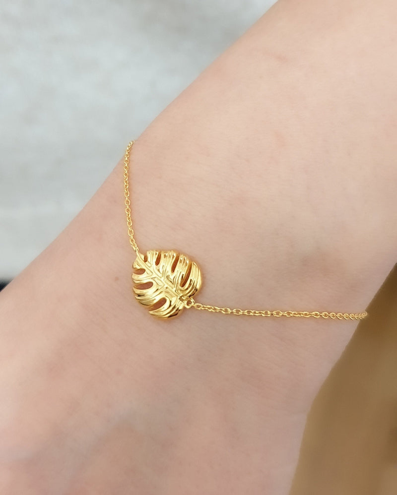 Monstera Feuille Gold Armband-925 Sterling Gold Vergodor Naturschmuck-ARM925-46