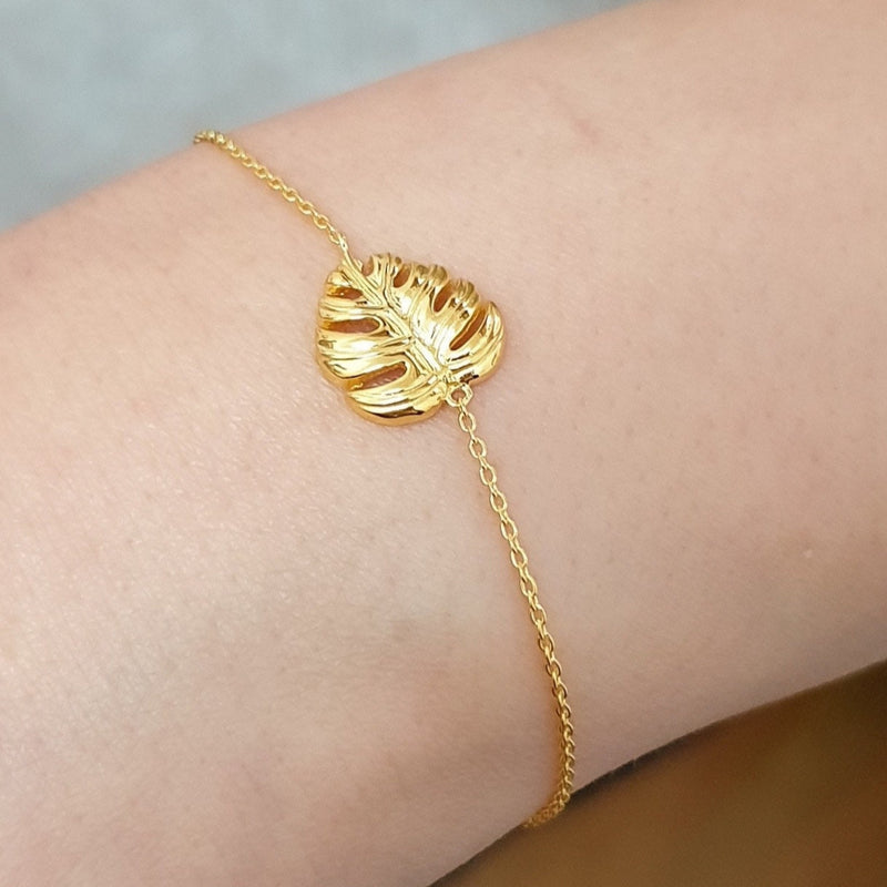 Monstera Feuille Gold Armband-925 Sterling Gold Vergodor Naturschmuck-ARM925-46