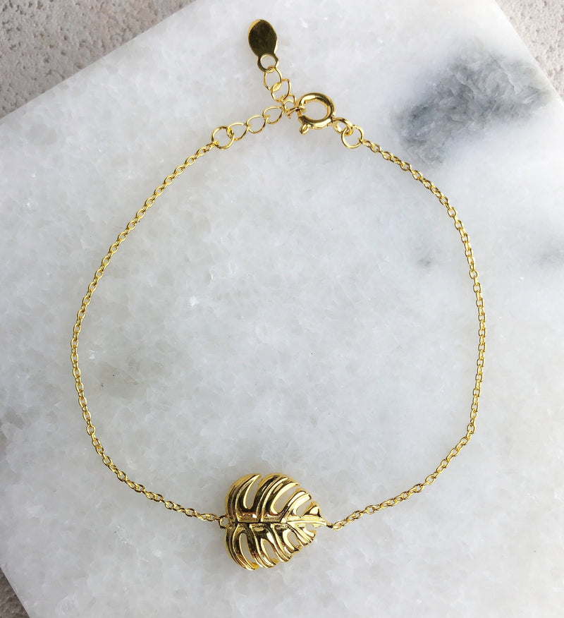 Monstera Feuille Gold Armband-925 Sterling Gold Vergodor Naturschmuck-ARM925-46