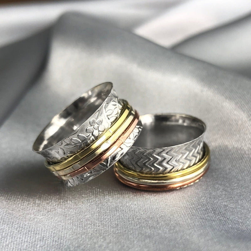 Bague de méditation florale avec ruban à trois couleurs - Bague rotative en argent sterling 925 - RG925-25