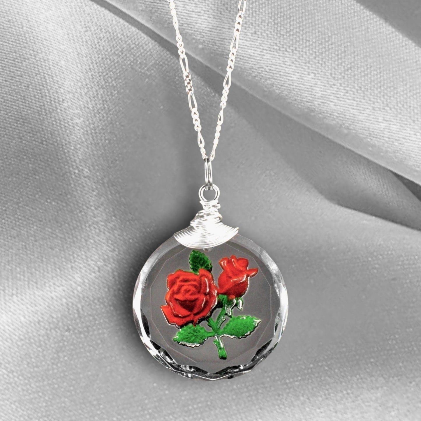 Chaîne de pendentif en verre de rose givrée - 925 Sterling Silver 3D Bijoux symboliques - K925-47