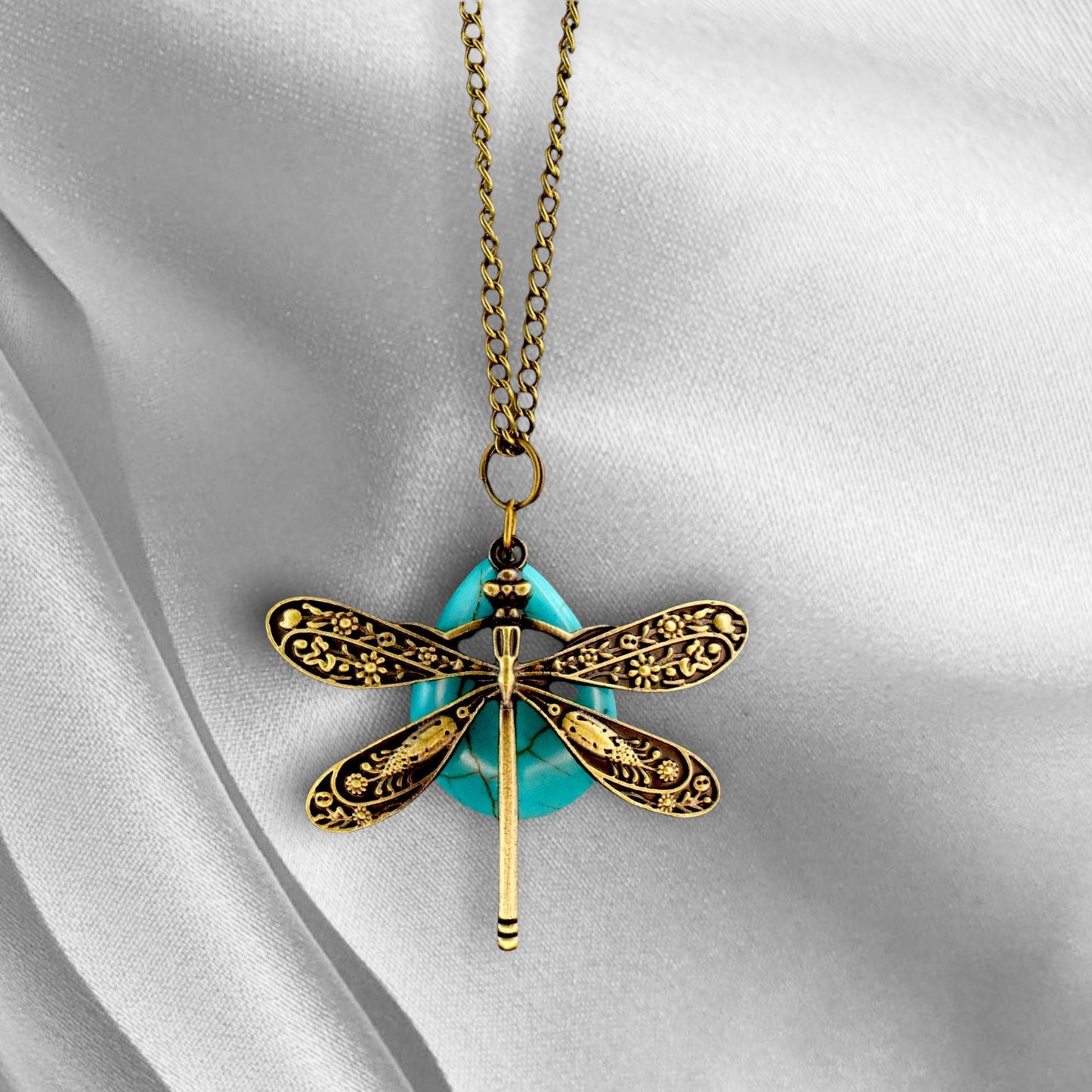 Turquoise Drop Dragonflies Pendentif Chaîne - Collier de gemme bleu bronze - Vik-124