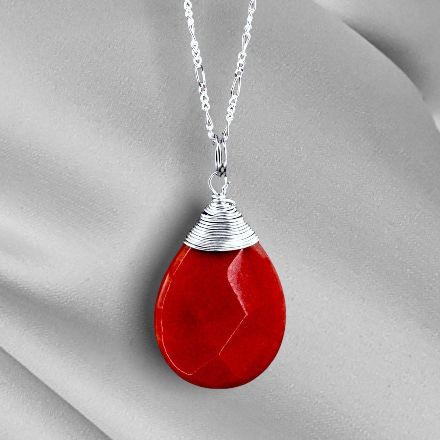 Jade Drop Silver Chain - Collier de joyau rouge en cristal de grenades Sterling 925 - K925-42
