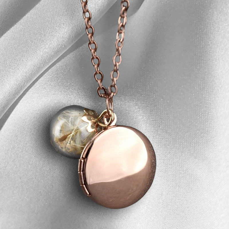 Collier médaillon doré en or rose avec pissenlits - bijoux personnalisés avec service photo - VIK-87