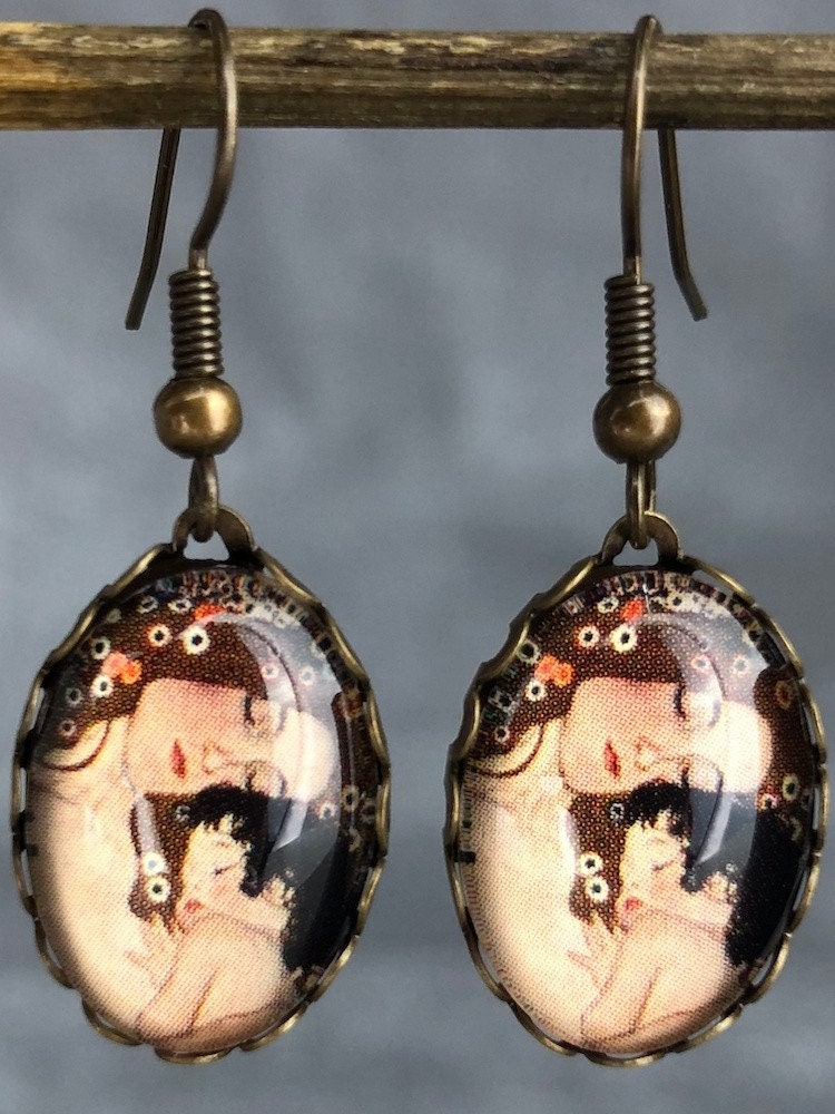 Boucles d'oreilles Mother Child - Gustav Klimt Painter Bronze Art Bronze Boucles d'oreilles de style Vintage - VinoHR-27