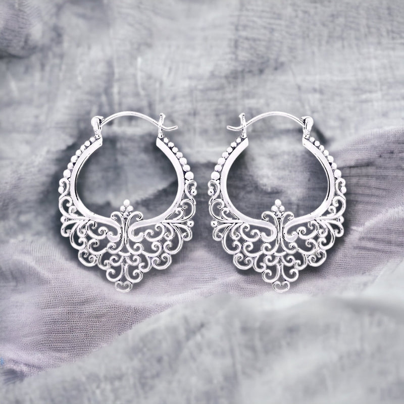 Bon Karma Silver Dentelle Creolen - Boucles d'oreilles de style bohème 925 Sterling Ear925-11