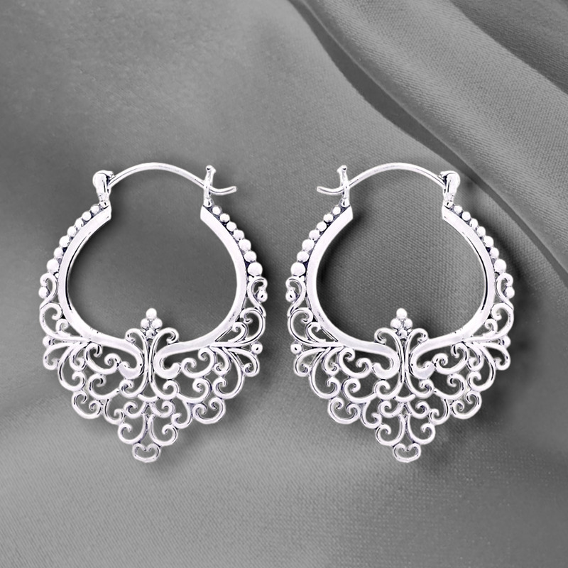 Bon Karma Silver Dentelle Creolen - Boucles d'oreilles de style bohème 925 Sterling Ear925-11