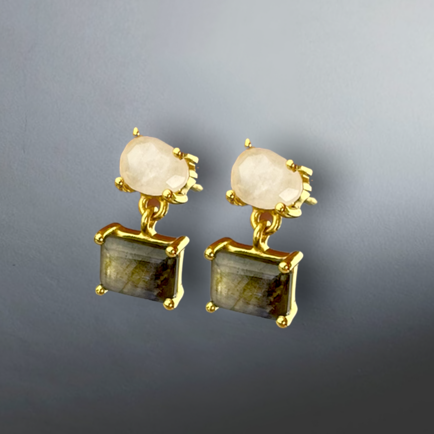Boucles d'oreilles de goudins de pierres précieuses Labradorite & pierre de lune de luxe - Plaqué or sterling 925 - EAR925-111